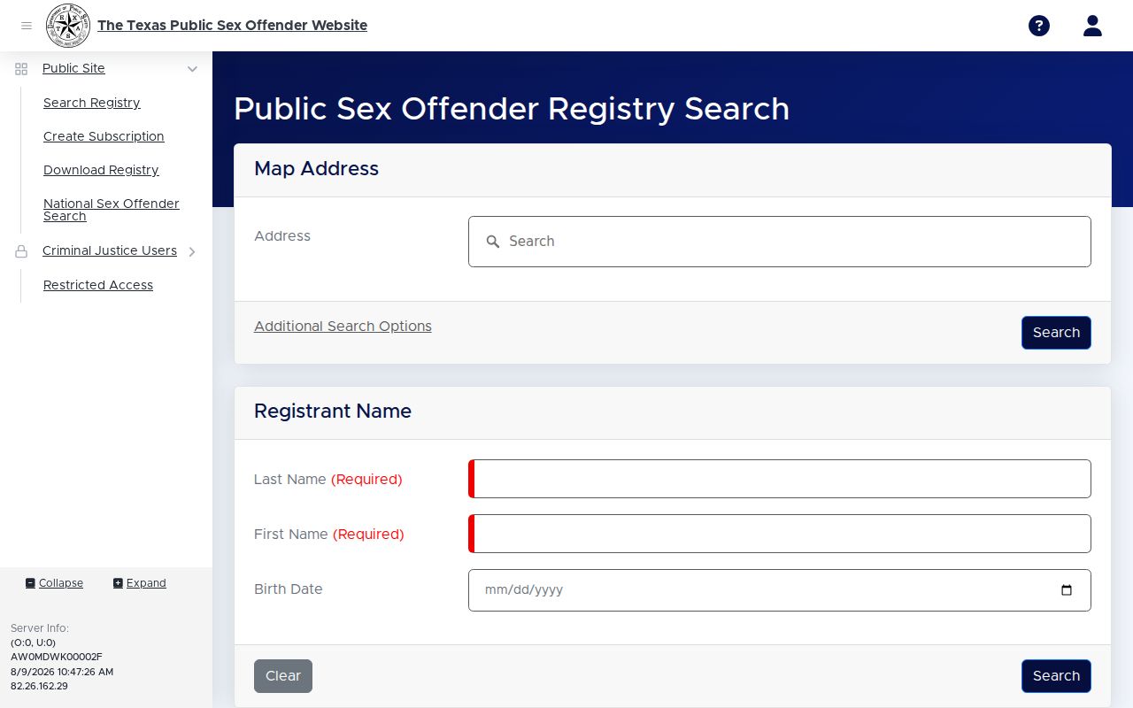 Castro County sex offender check fields on the Texas registry search form