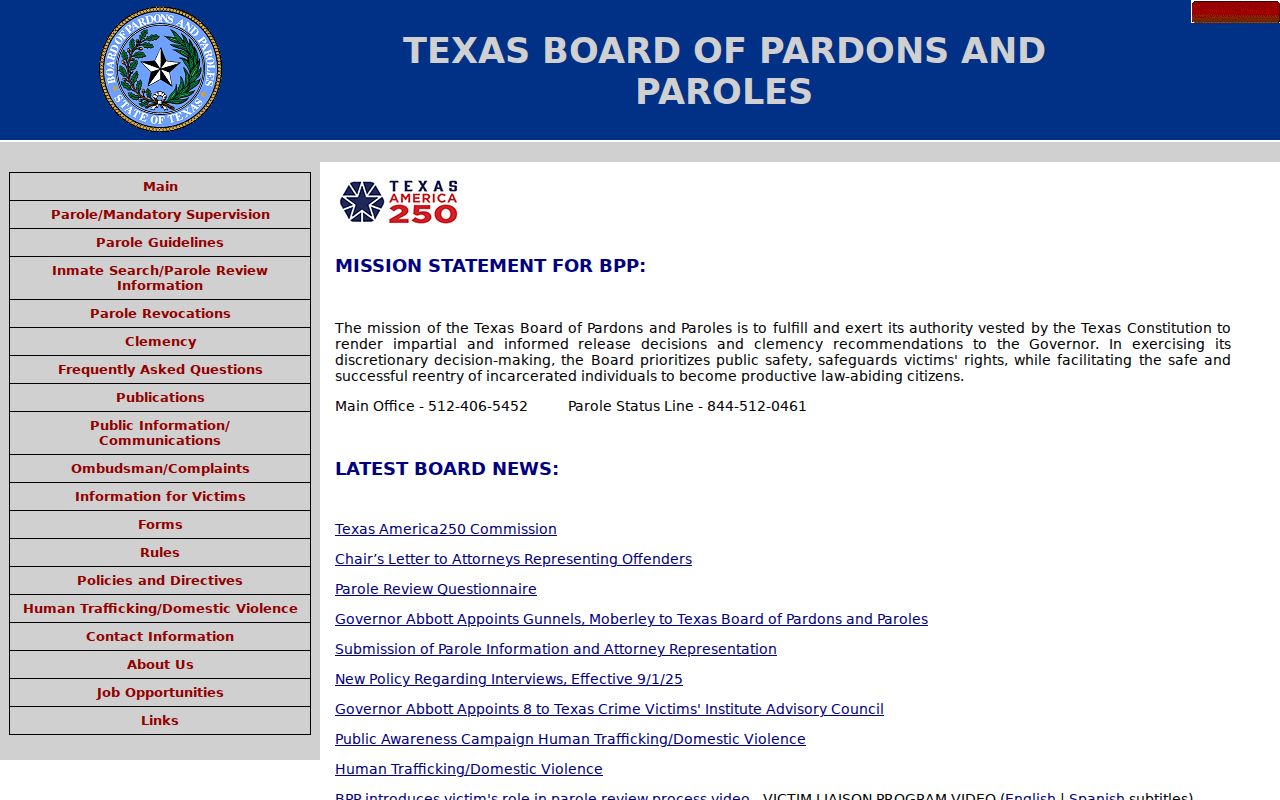Texas Board of Pardons and Paroles official information page