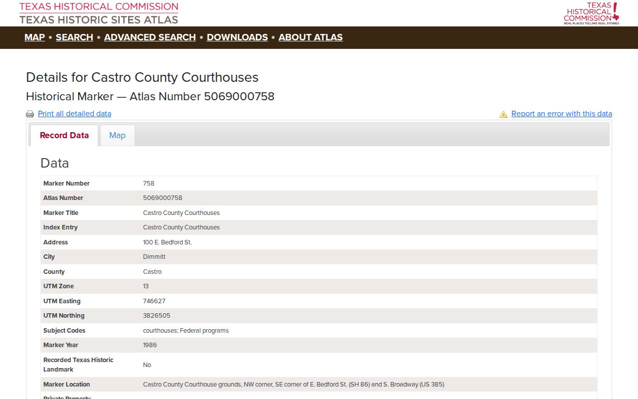 Texas Historical Commission record for the Castro County Courthouse